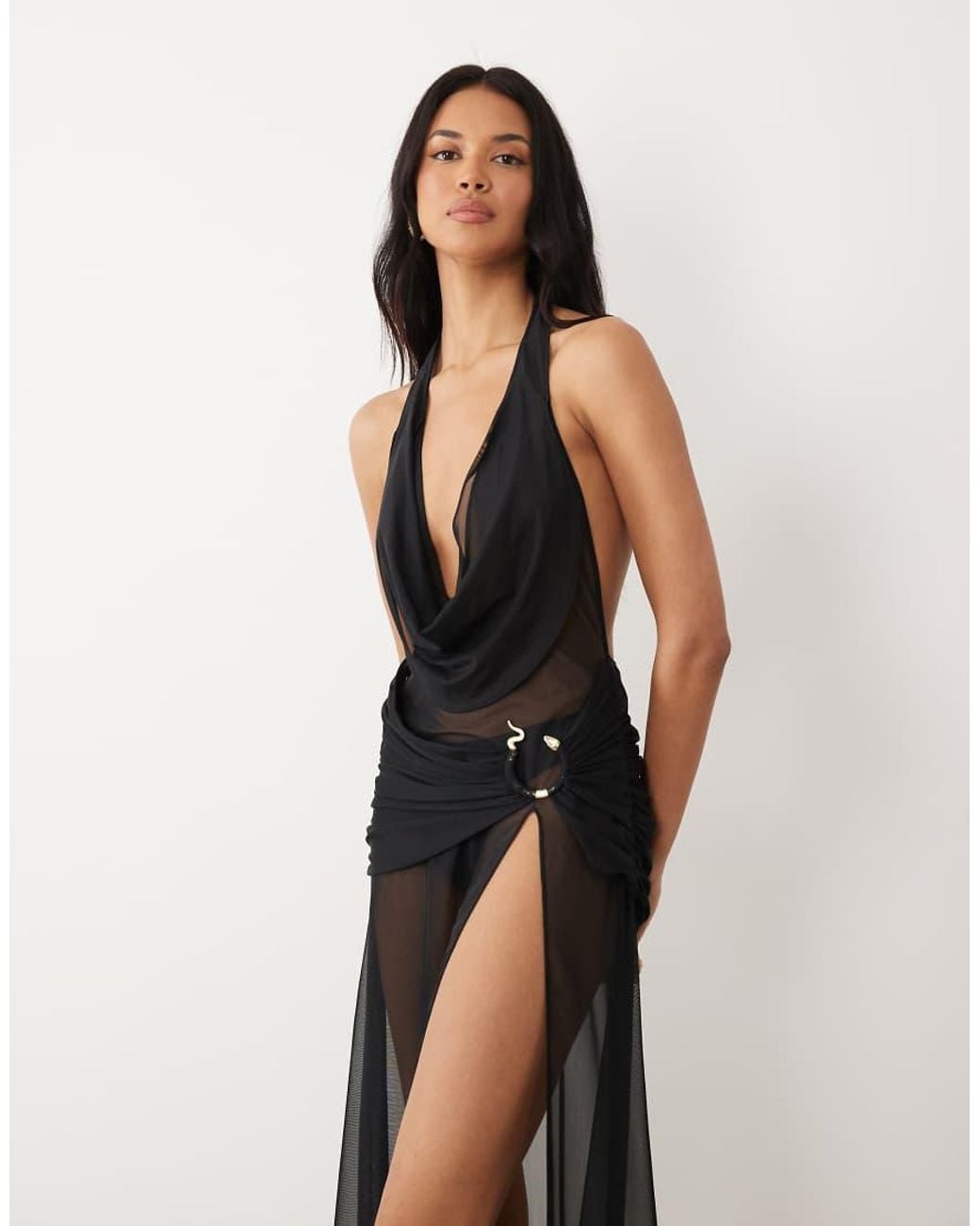 Oh Polly Black Mesh Plunge Cowl Halter Neck Thigh Split Beach Maxi Dress