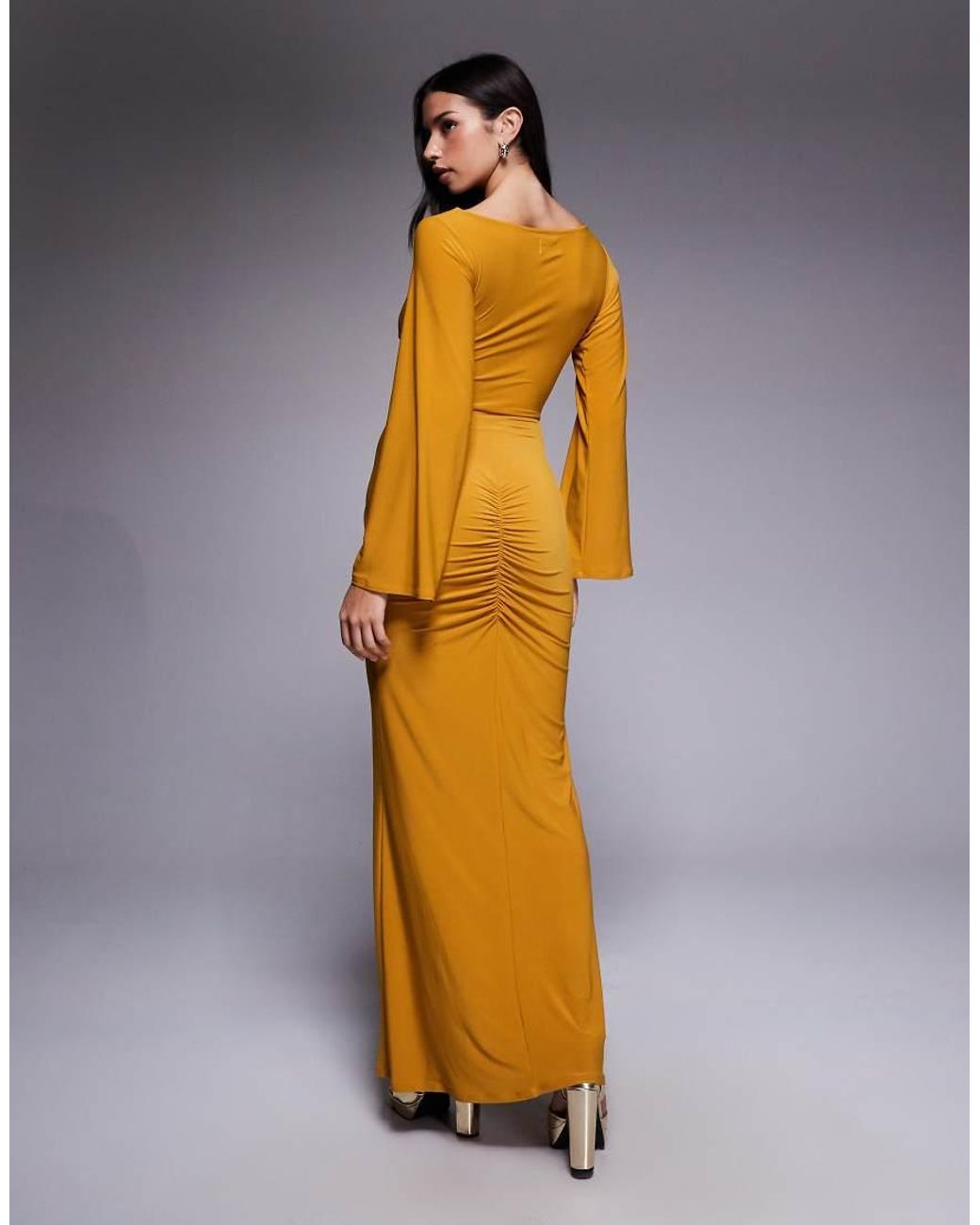 ASOS Metallic Long Sleeve Drape Front Maxi Dress With Gold Fish Trim