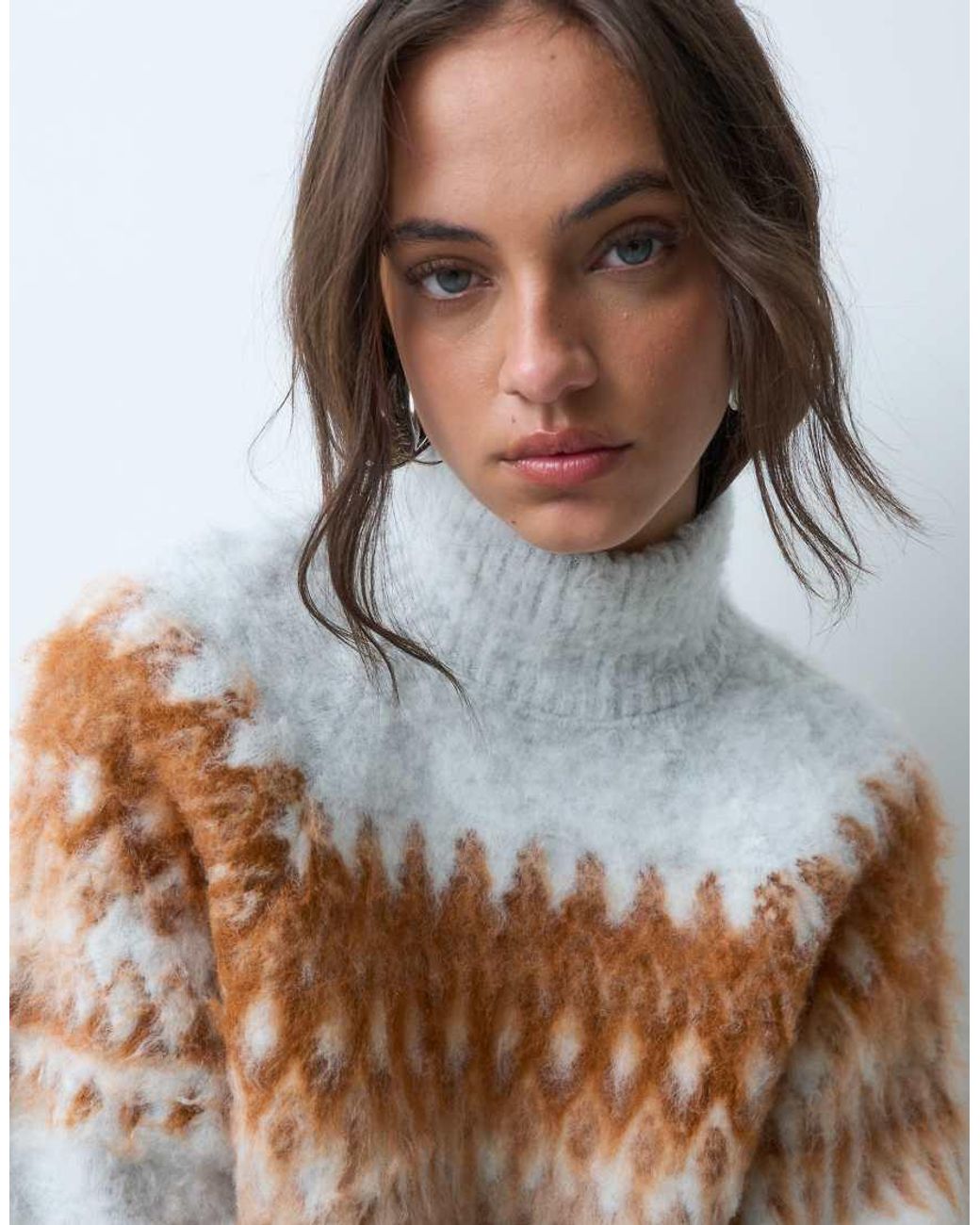 ASOS Gray Knitted Funnel Neck Fairisle Jumper With Balloon Sleeves