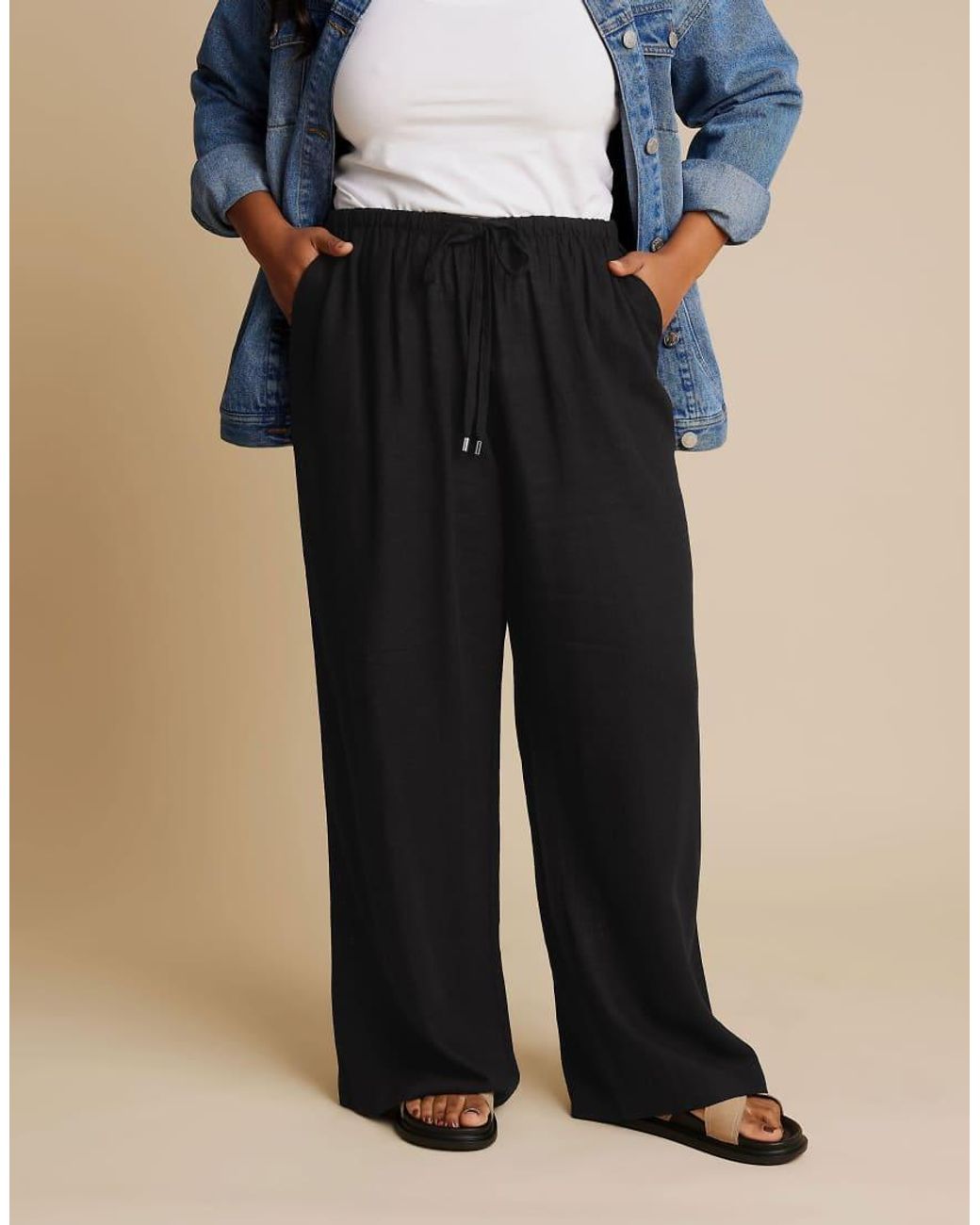 Yours Clothing Blue Linen Tie Front Trousers