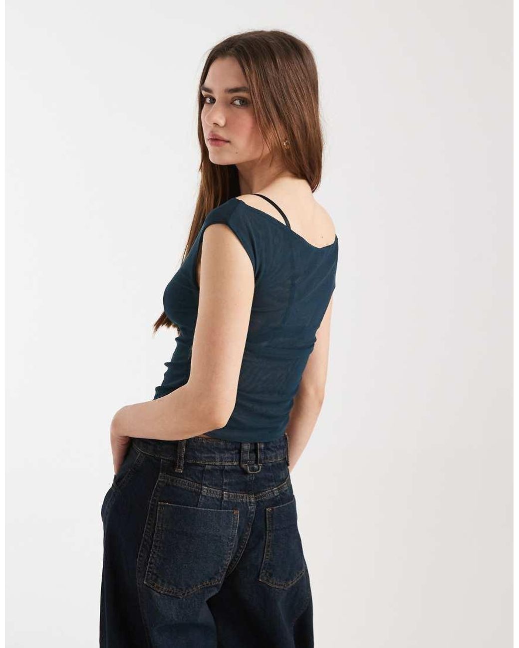 Cotton On Blue Gathered Mesh Off Shoulder Top