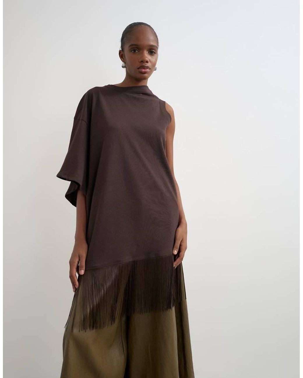 TOPSHOP Natural Draped Asymmetric Fringe Detail Top