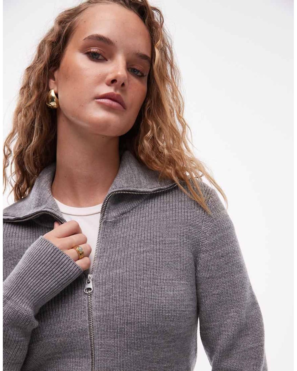 ARKET Gray Pure Wool Zip Front Cardigan With Wide Collar