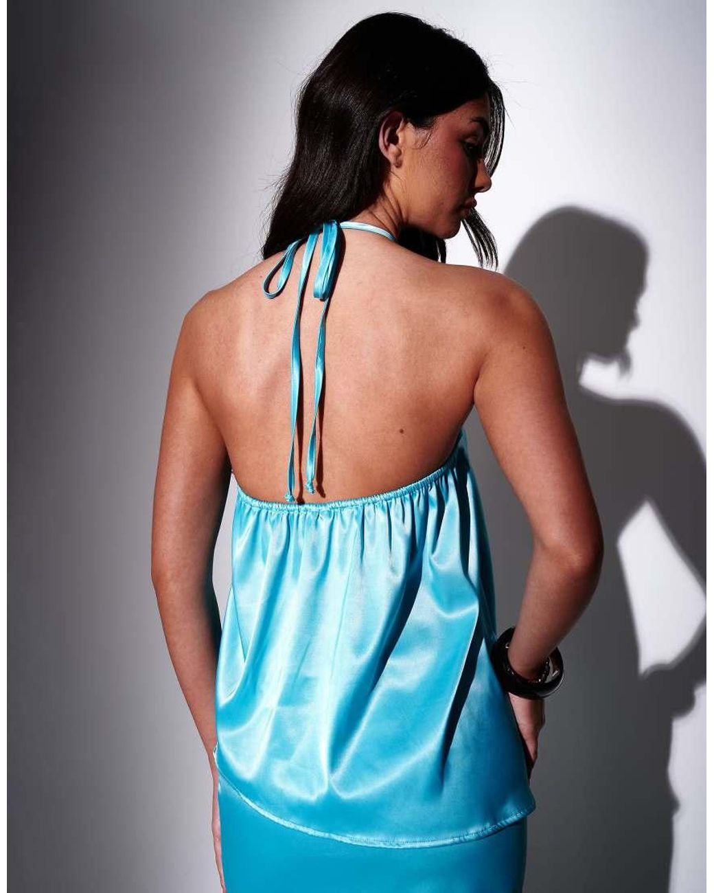 South Beach Blue Satin Bead Decal Halterneck Top