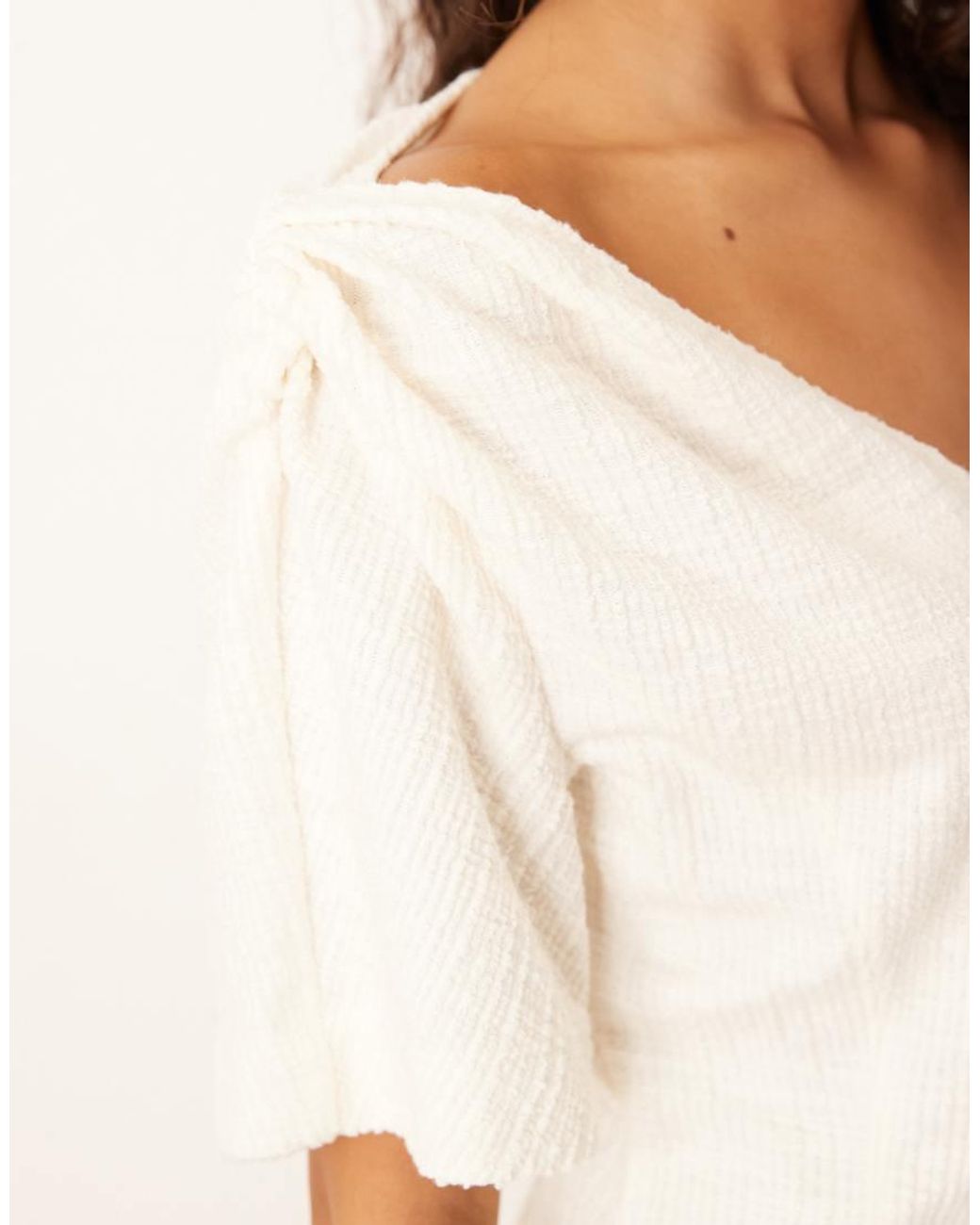 ASOS White V Neck Boucle Twist Shoulder Detail Tee