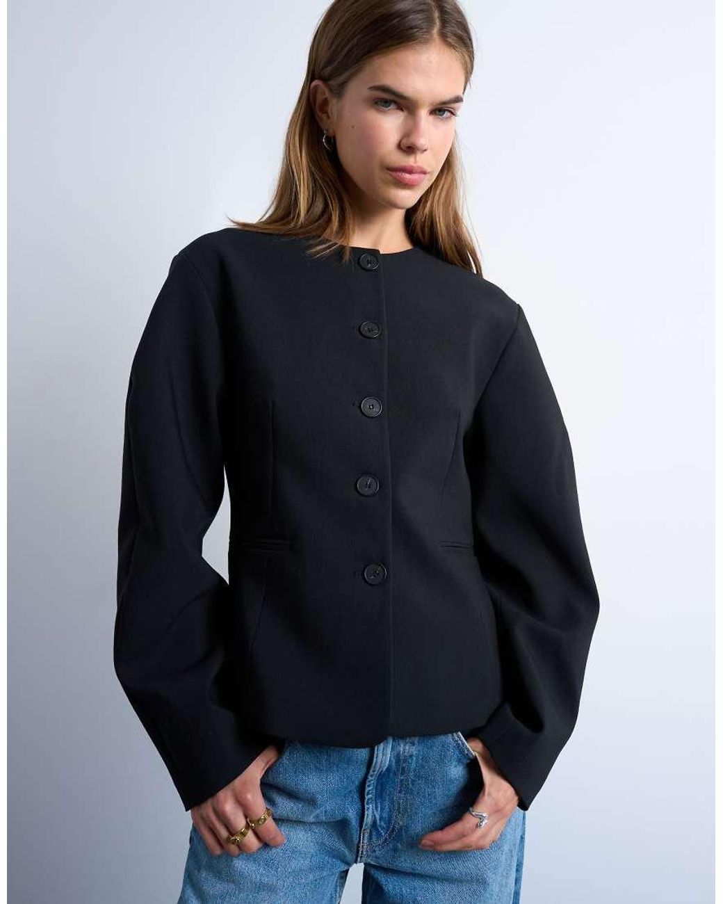 TOPSHOP Blue Ovoid Sleeve Blazer Top