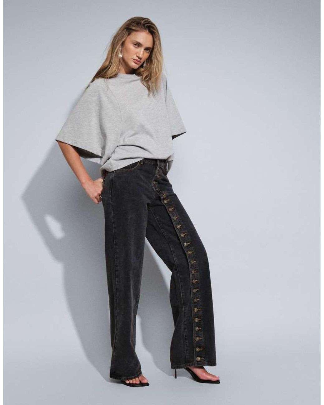 Lioness Red Penny Asymmetric Button Detail Relaxed Leg Jeans