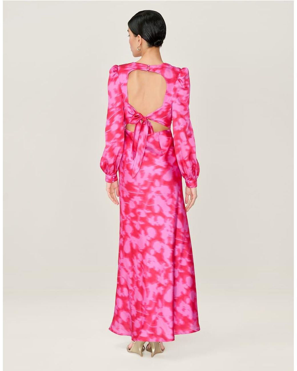 OMNES Pink Dresses Francoise Long Sleeve Floral Satin Midi Dress With Open Back
