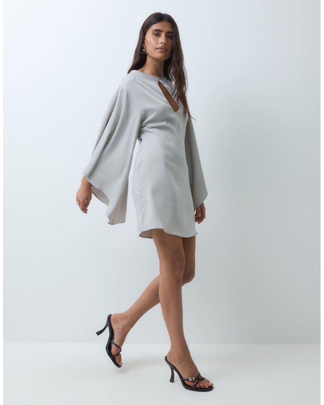 Gina Tricot Gray Long Sleeve Satin Key Hole Mini Dress