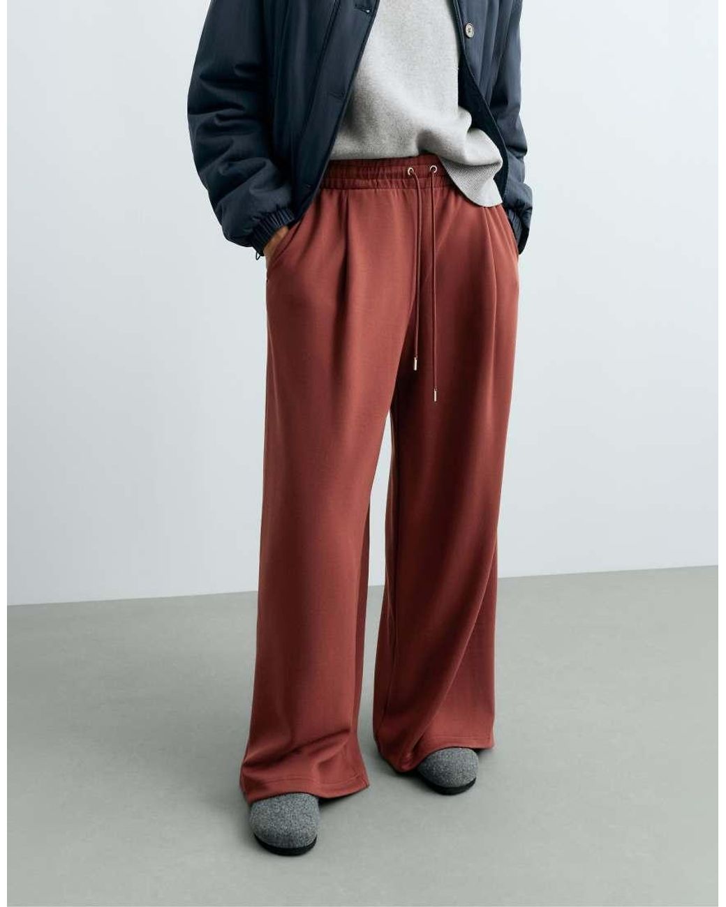 Oysho Red Pleated Wide-Leg Trousers