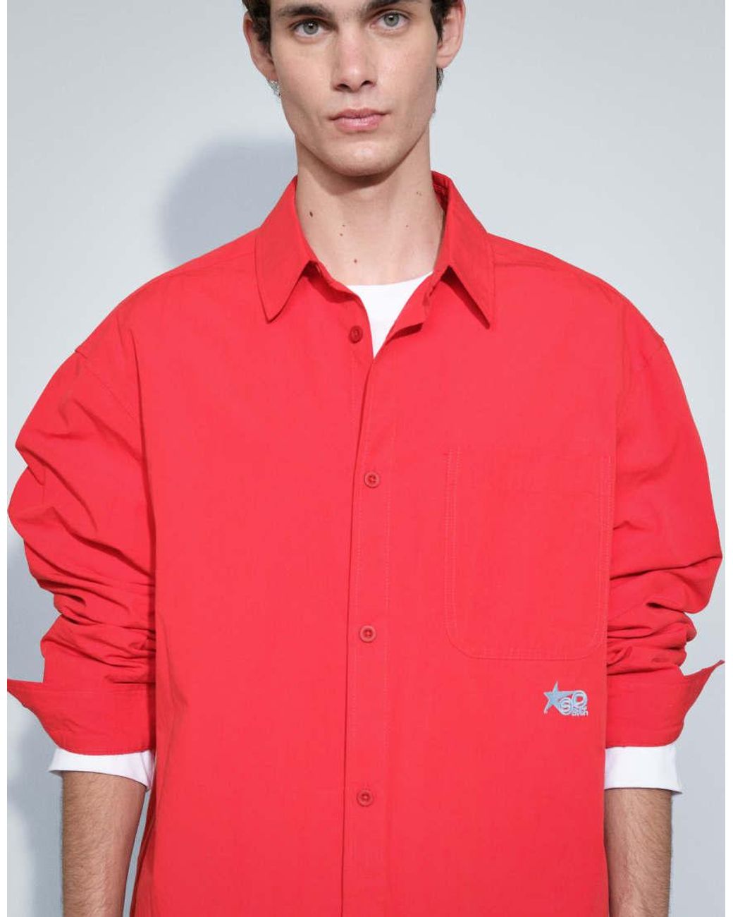 ASOS Red Oversized Poplin Shirt With Chest Embroidery for men