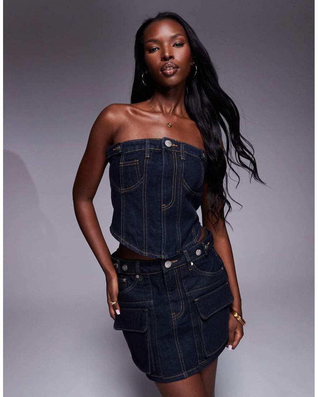 Liquor N Poker Blue Denim Bandeau Crop Top