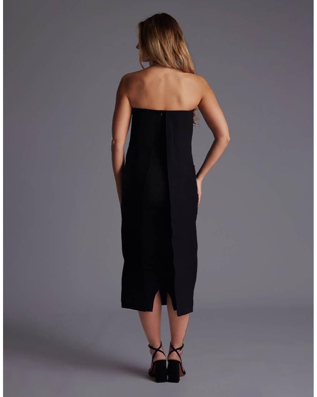 Vesper Black Strapless Drape Back Midaxi Dress