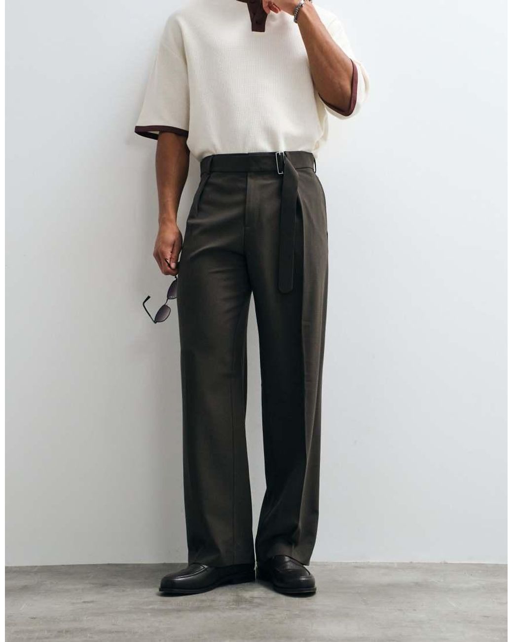 ASOS Gray Tailored Belted Wide Leg Trousers for men