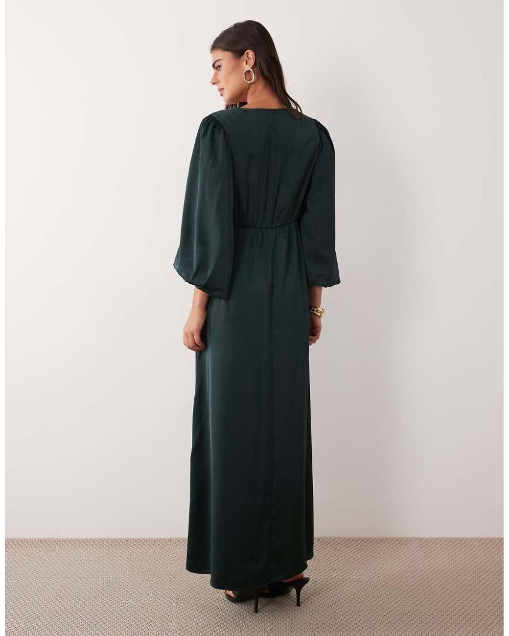 Y.A.S Black Knot Front Volume Sleeve Satin Midi Dress