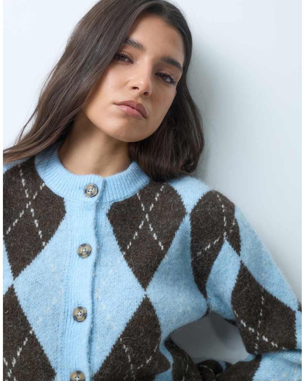 Gina Tricot Blue Knitted Argyle Cardi Co-ord