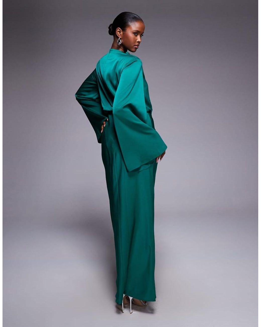 ASOS Green Satin Blouson Bodice Long Sleeve Maxi Dress