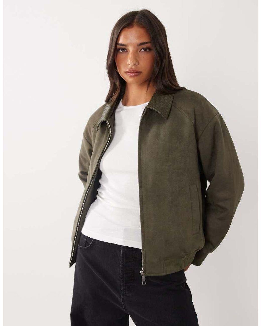 Aria Cove Brown Weaved Collared Faux Suede Zip Through Bomber Jacket
