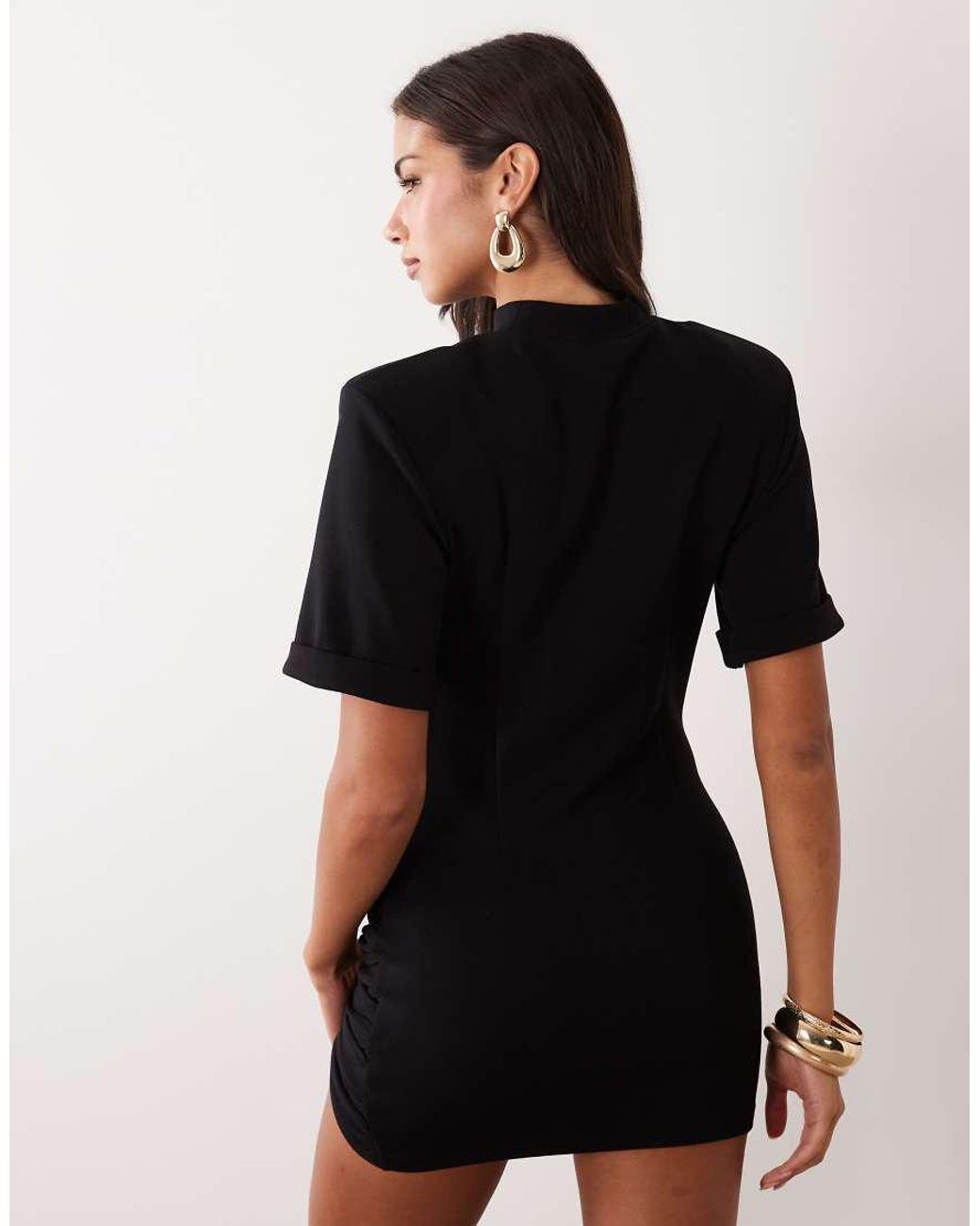 Ruched & Ready Black Sculpted Shoulder Pad Detail Hardware Mini T-Shirt Dress