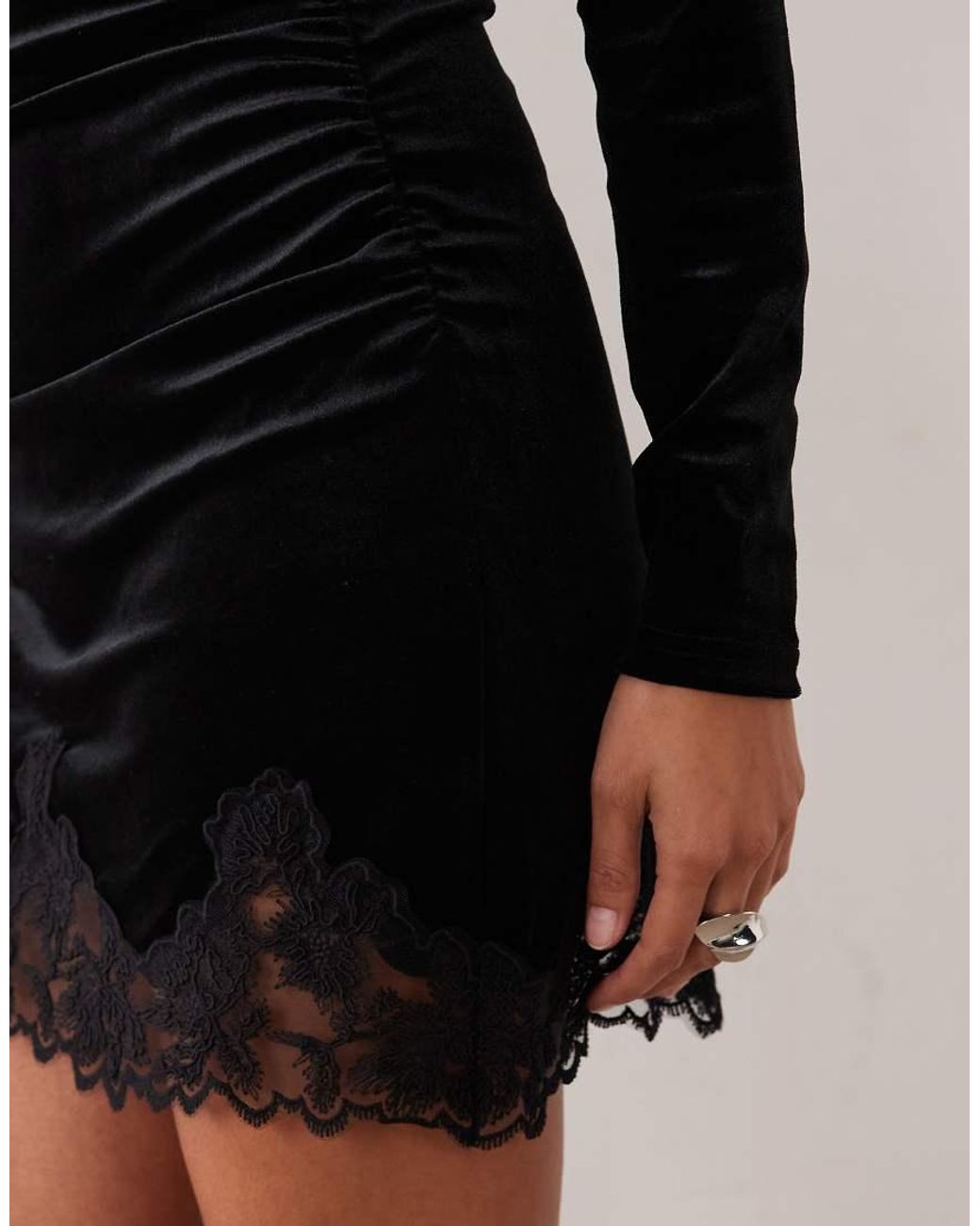 New Look Black Lace Trim Long Sleeve Velvet Mini Dress
