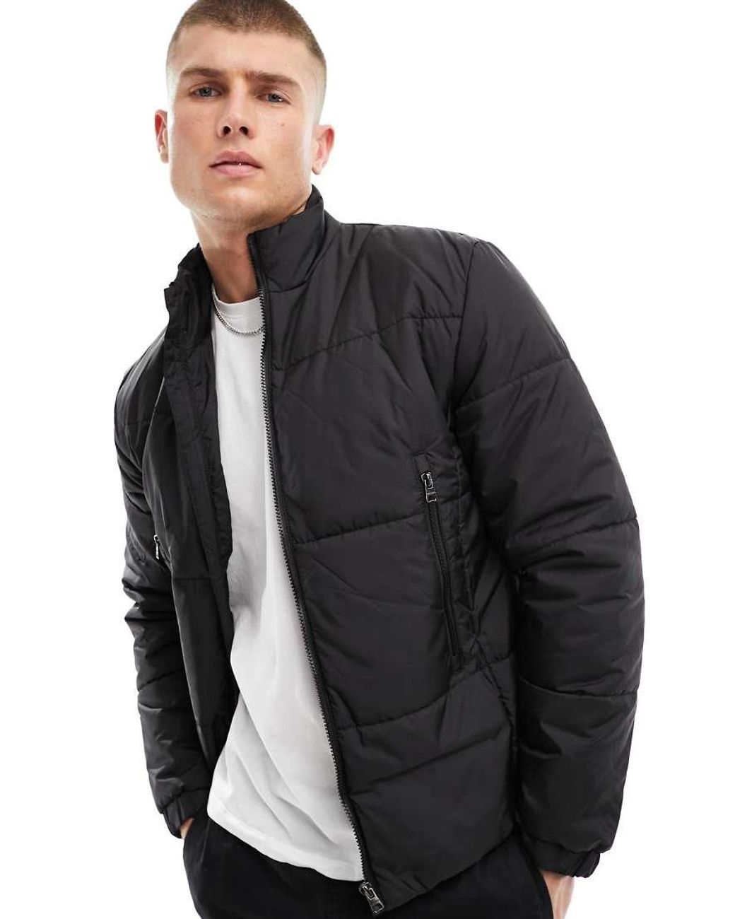 Only & Sons Black Funnel Neck Puffer Jacket for men