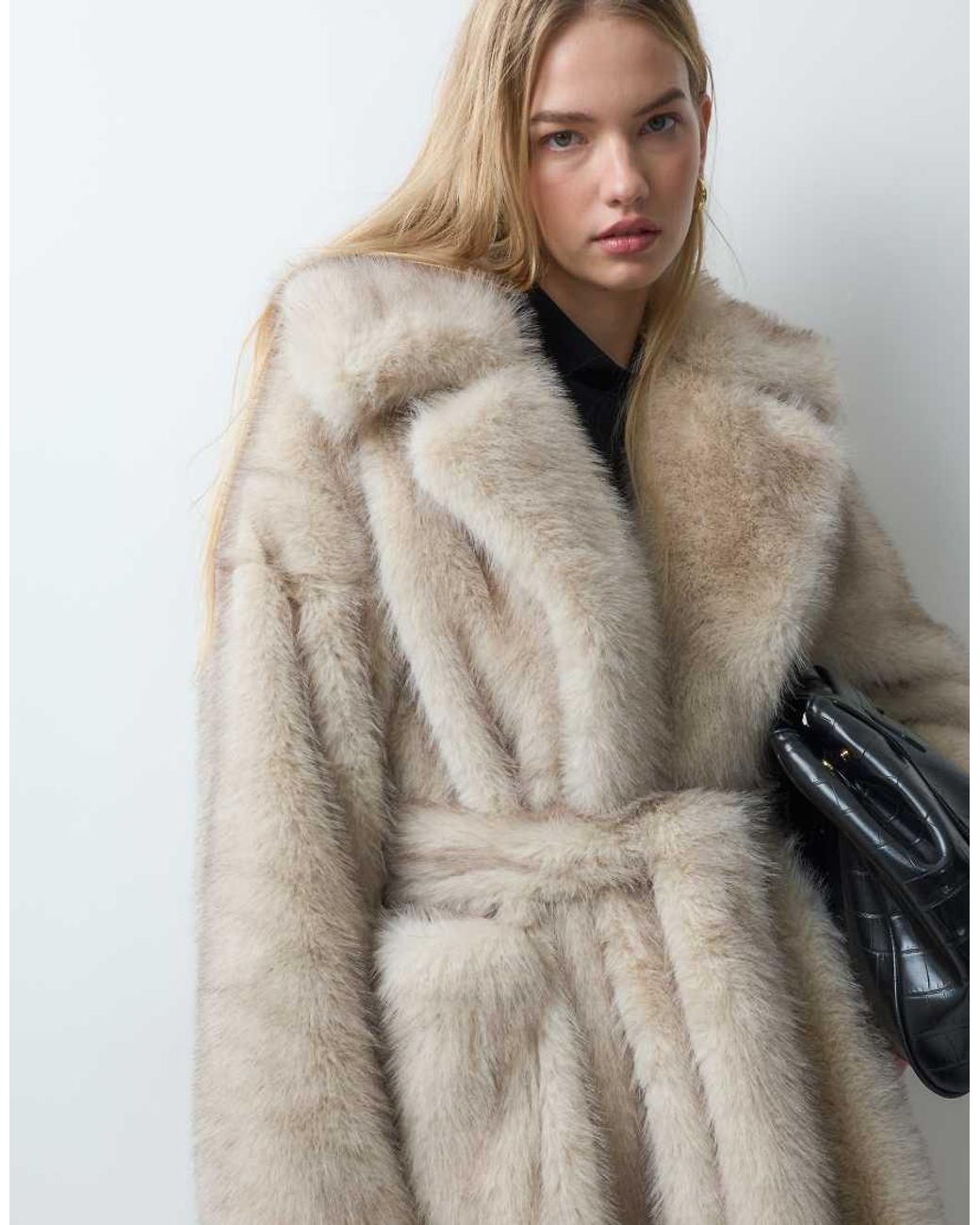 4th & Reckless Natural Faux Fur Oversized Belted Maxi Coat