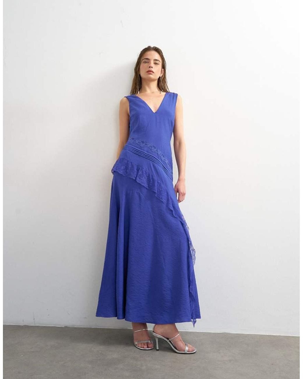 TOPSHOP Blue Deep V Lace Insert Maxi Dress