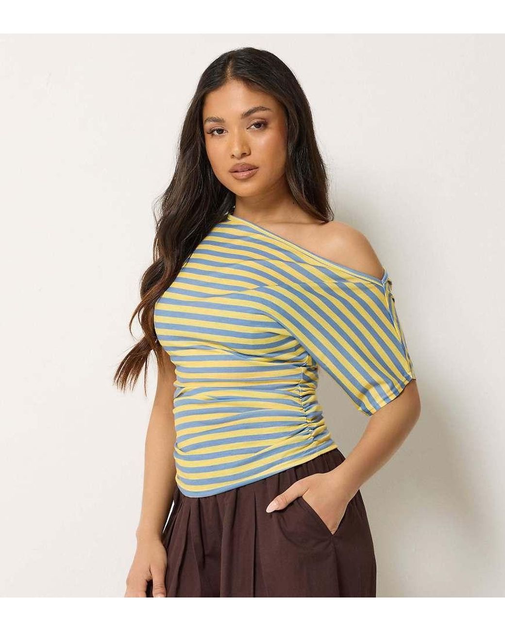 PixieGirl Green Petite Stripe Slash Neck Ruched T-Shirt