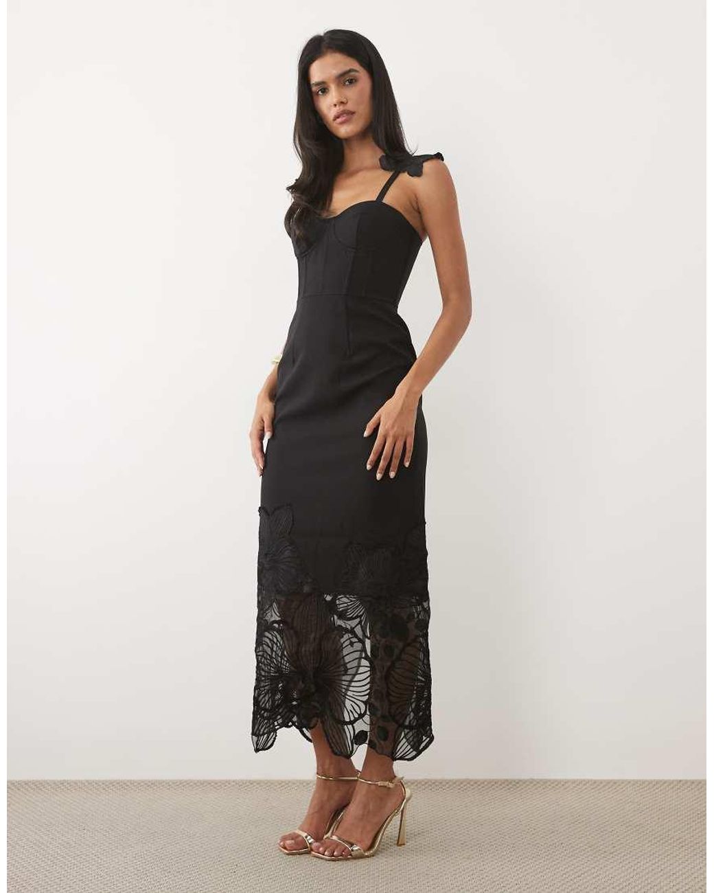 JW PEI Black Lace Embroidered Corset Detail Midi Dress