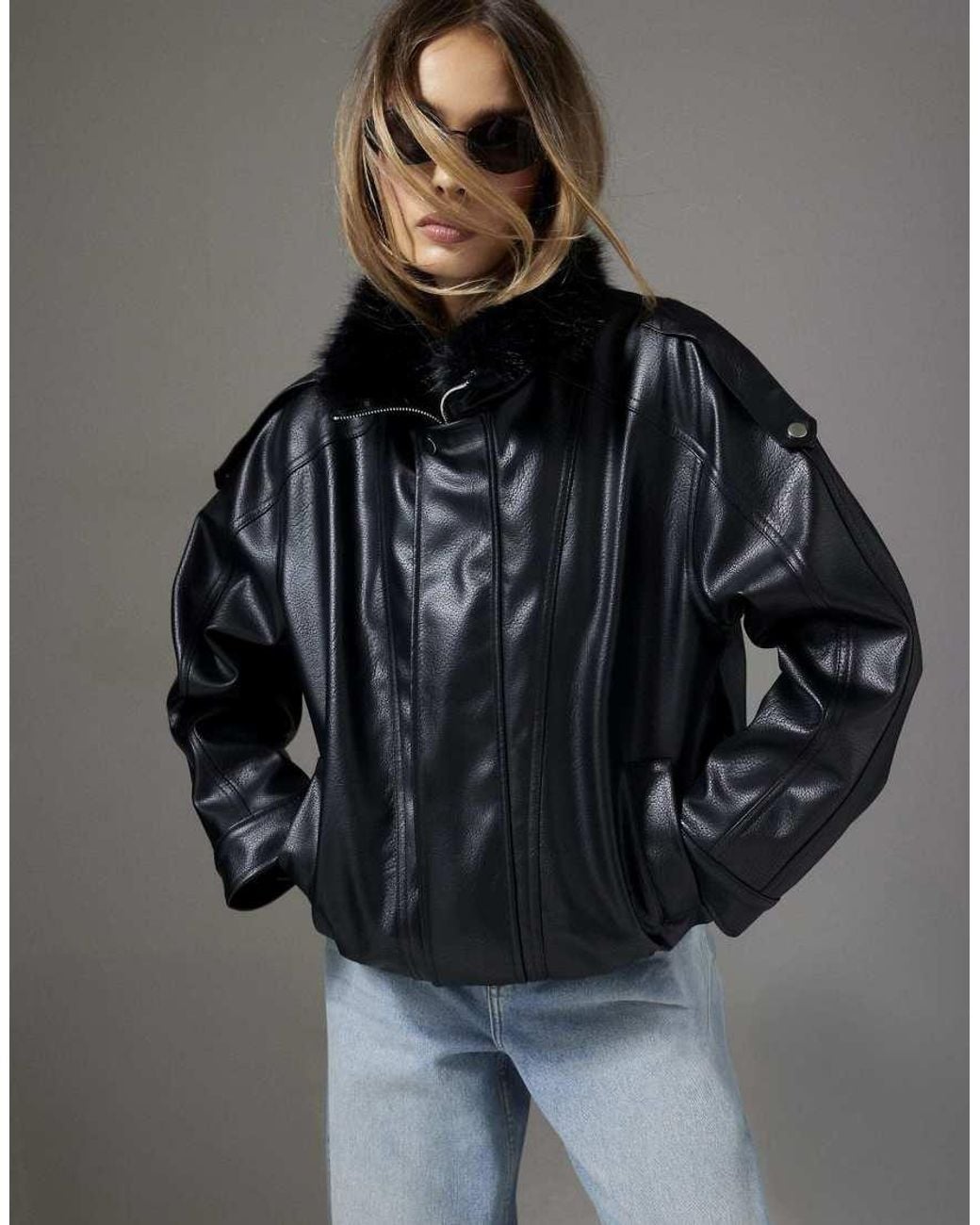 River Island Black Fur Trim Faux Leather Bomber Jacket