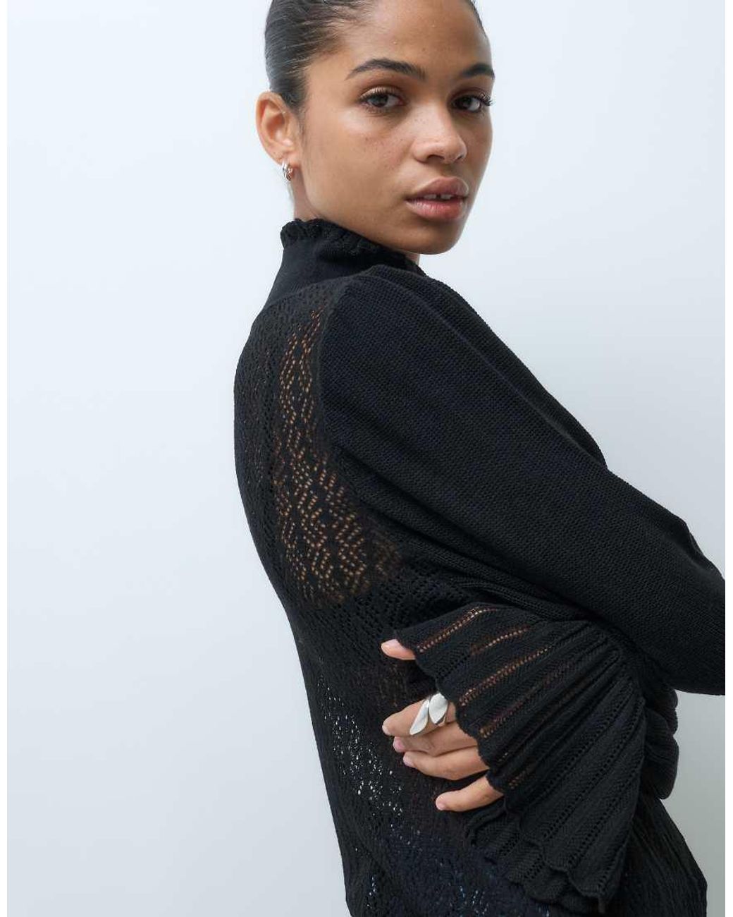 ASOS Black Knitted Semi-sheer Pointelle Knit Sweater