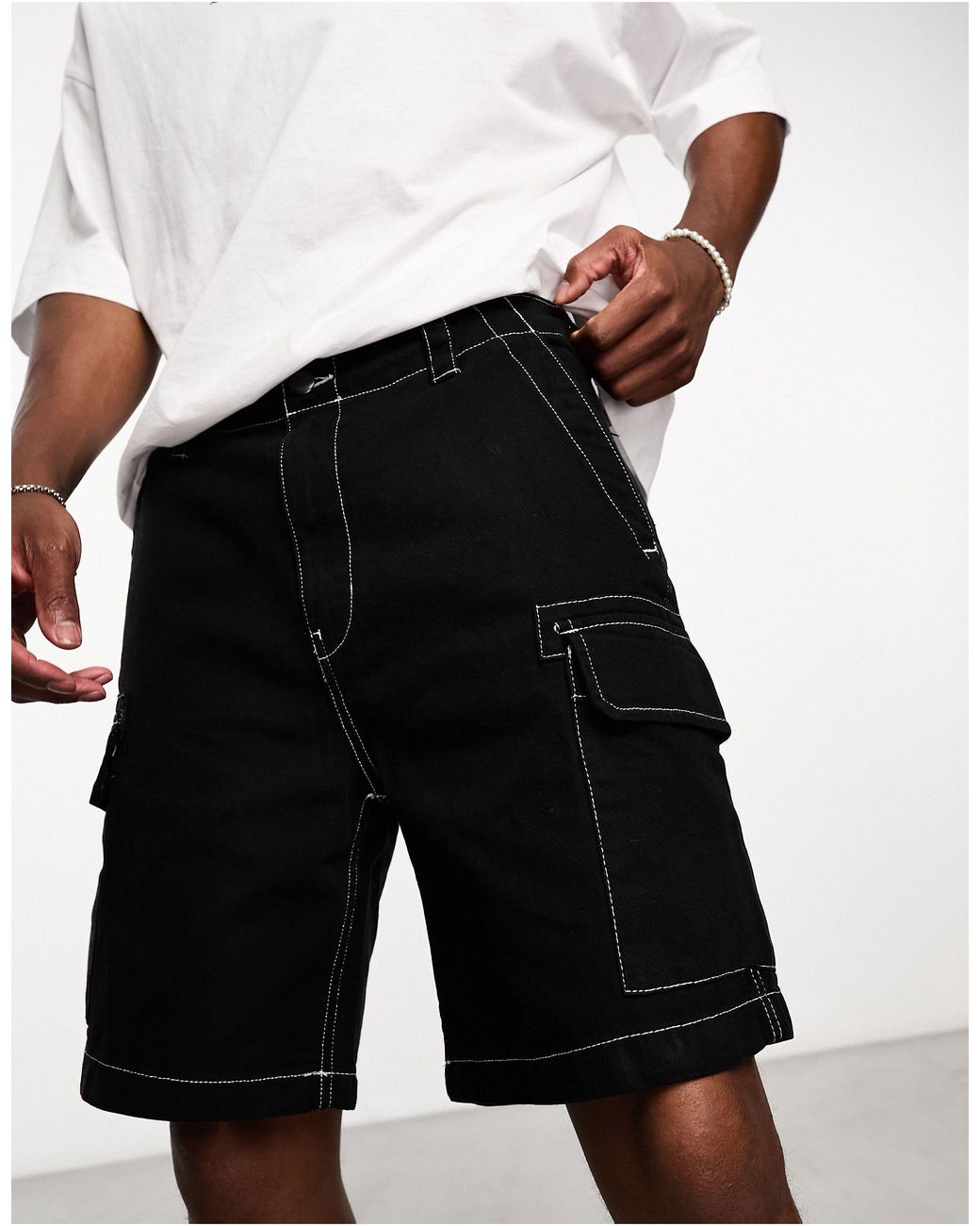 Bershka Contrast Stitch baggy Denim Shorts in Black for Men | Lyst ...