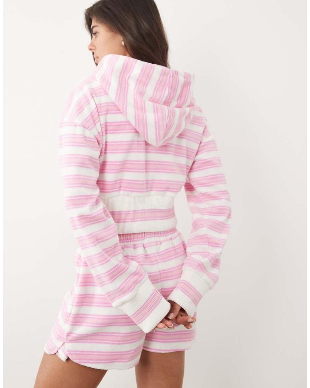 Kaiia Pink Cotton Rich Embroidered Logo Oversized Zip Up Side Stripe Towelling Hoodie Co-ord