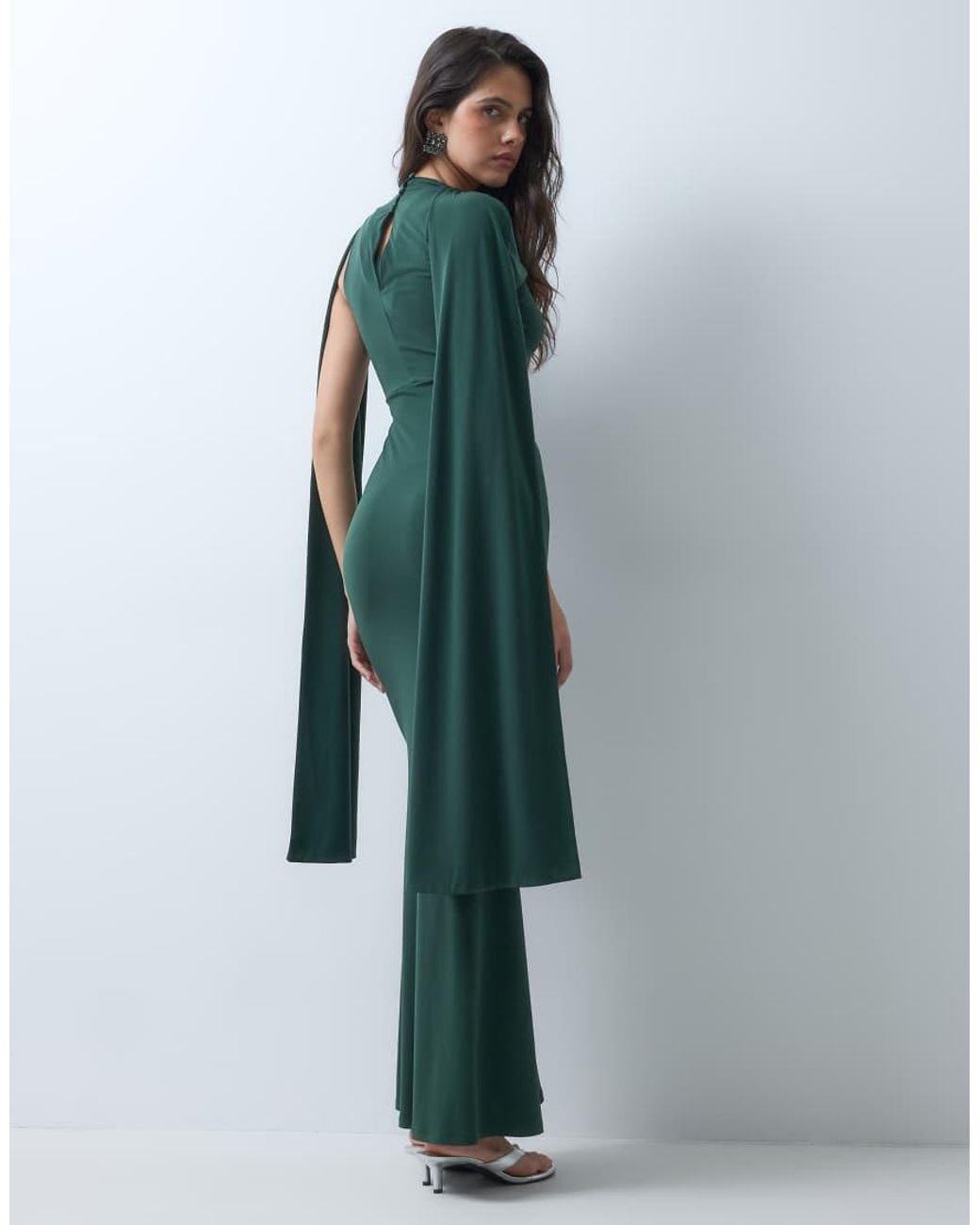 ASOS Green Slinky Sleeveless Maxi Dress With Extreme Cape Shoulder Detail