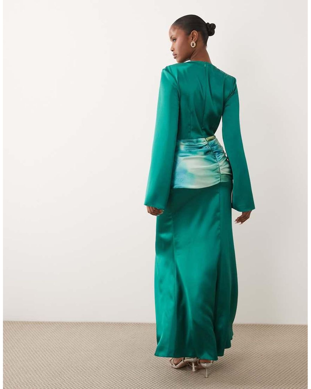 DASKA Green Satin Drape Maxi Dress With Contrast Tie Detail