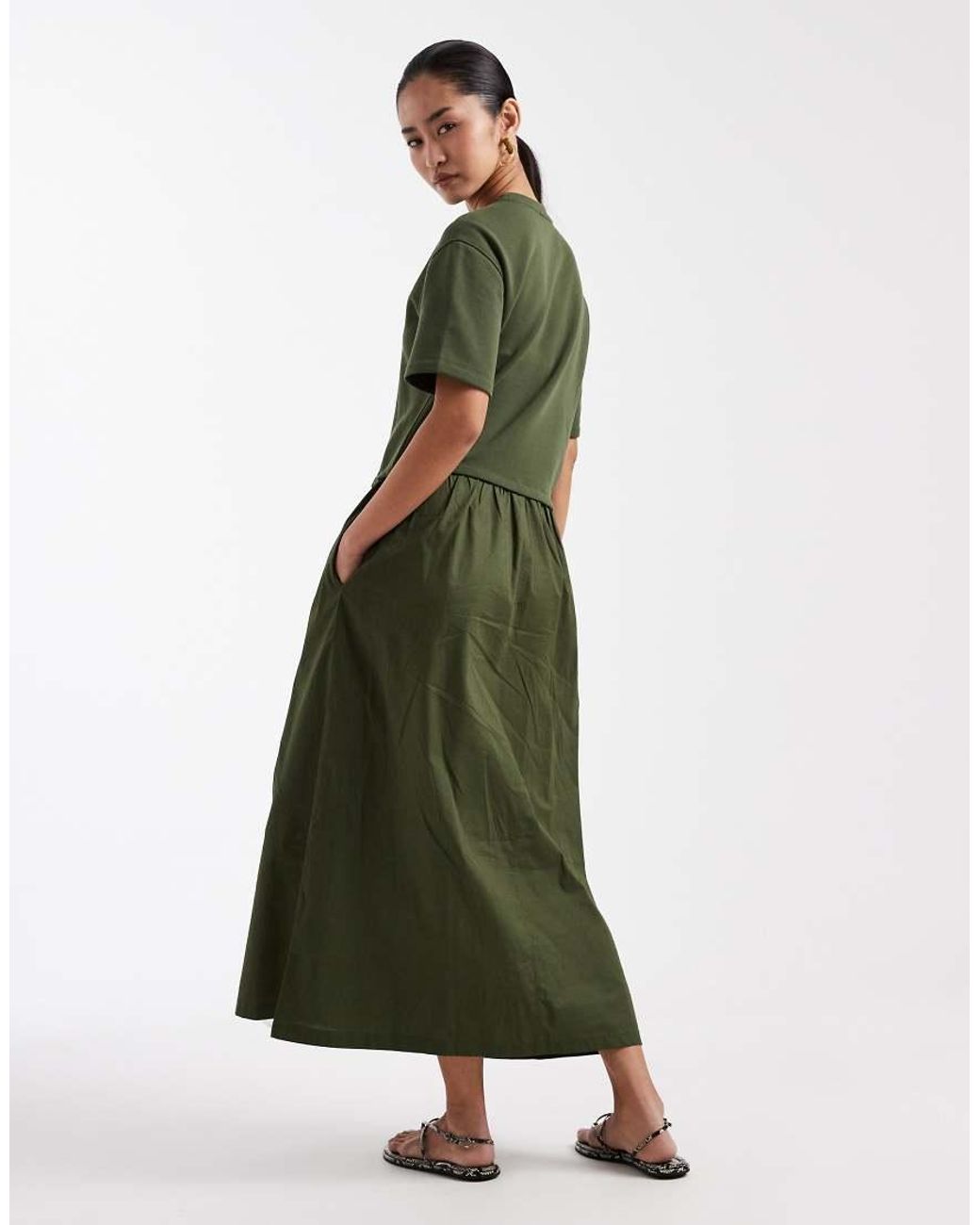 Threadbare Green Poplin Short Sleeve Midi Dress