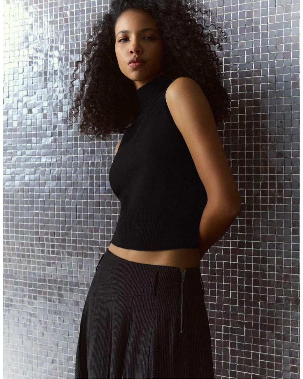 Bershka Black High Neck Knit Waistcoat
