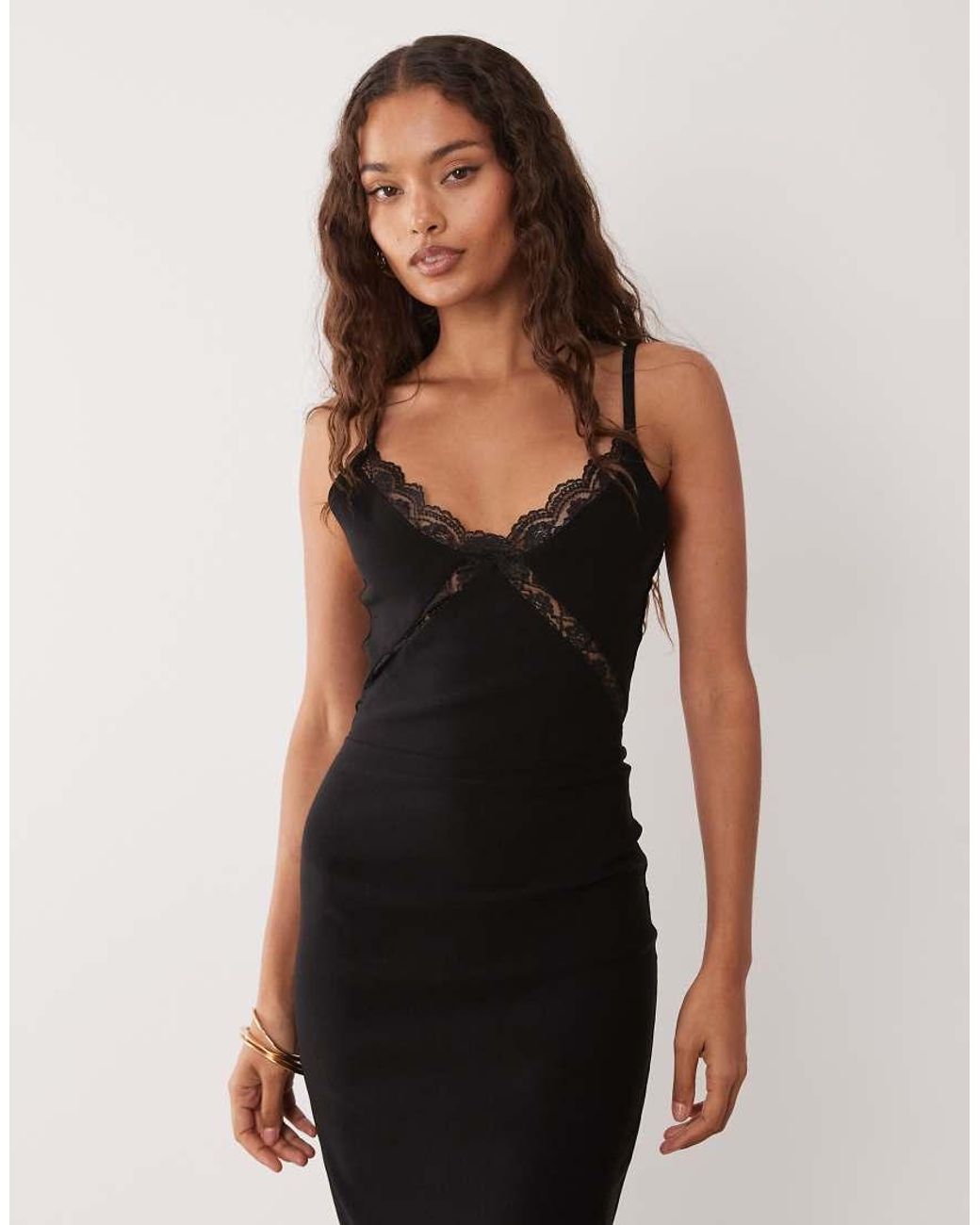Vesper Petite Black Bengaline Cami Lace Detail Maxi Dress