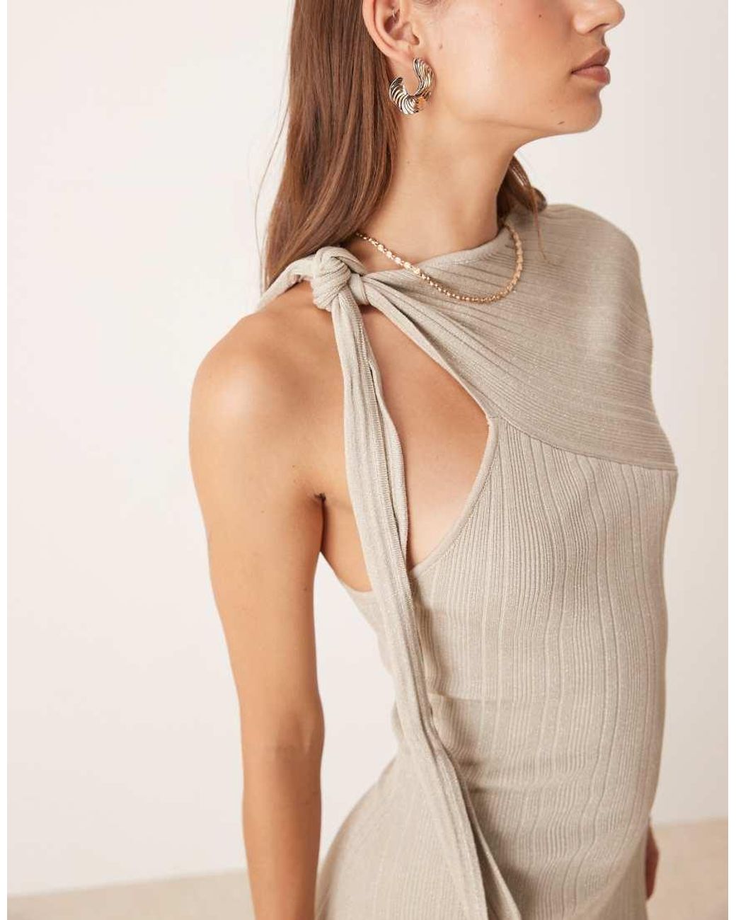 Pretty Lavish Natural Asymmetric Sparkle Knit Midaxi Dress