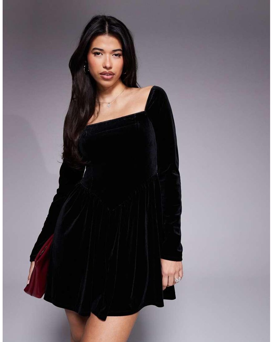 ASOS Black Velvet Long Sleeve Square Neck Mini Dress
