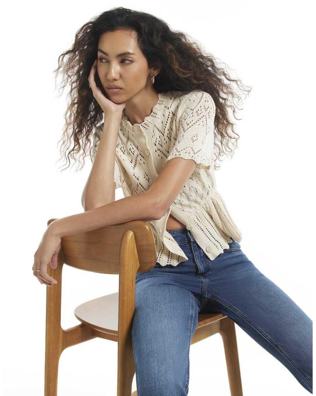 River Island White Crochet Knit Style Peplum Hem Polo Top