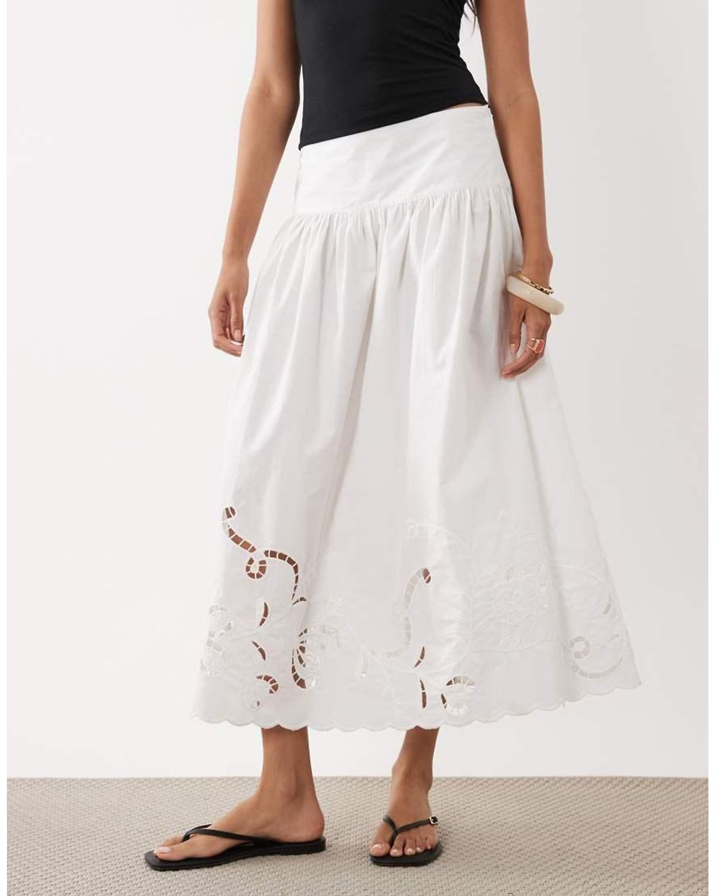 Gina Tricot White Pure Cotton Broderie Maxi Skirt