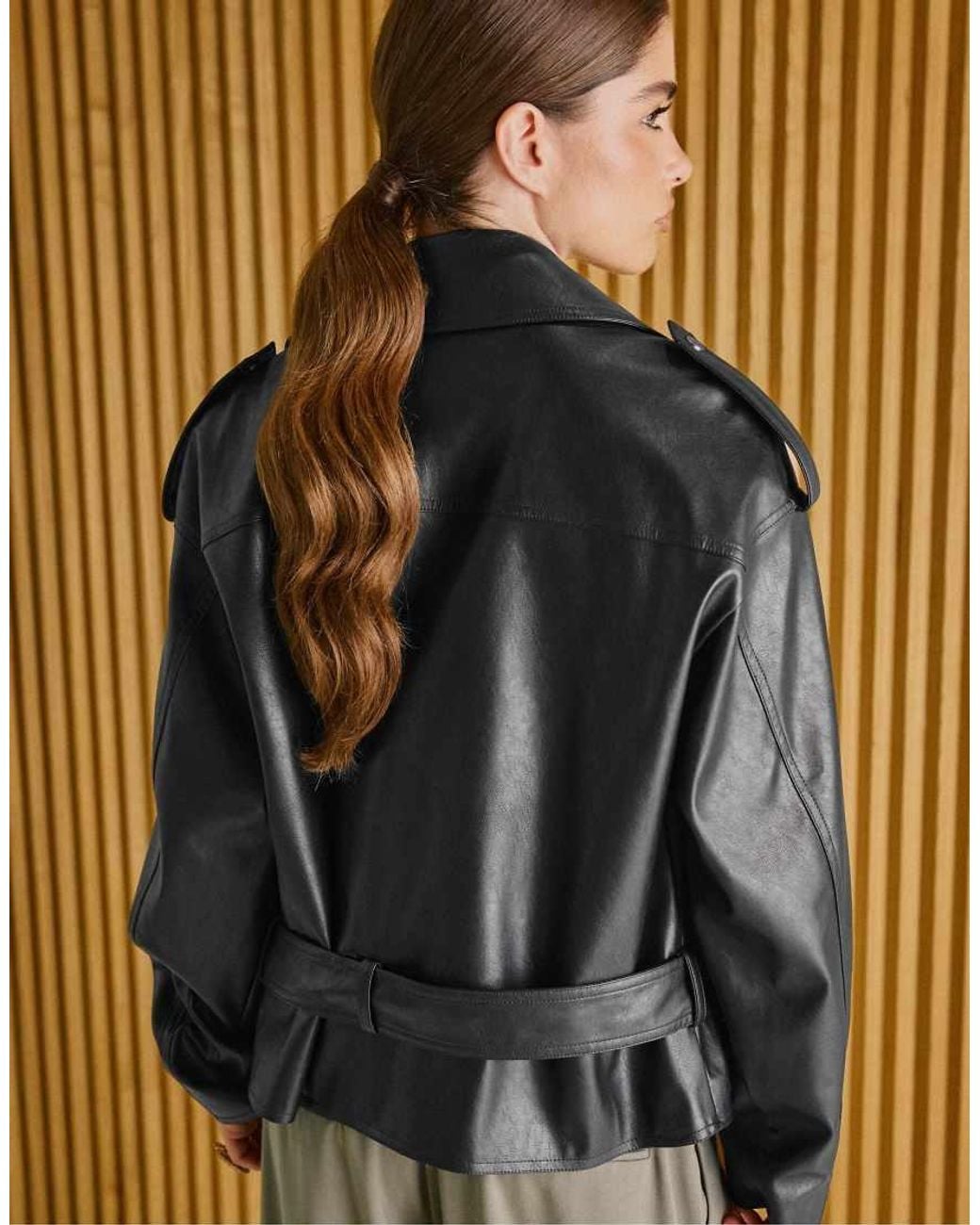 Stradivarius Black Leather Effect Biker Jacket With Belt