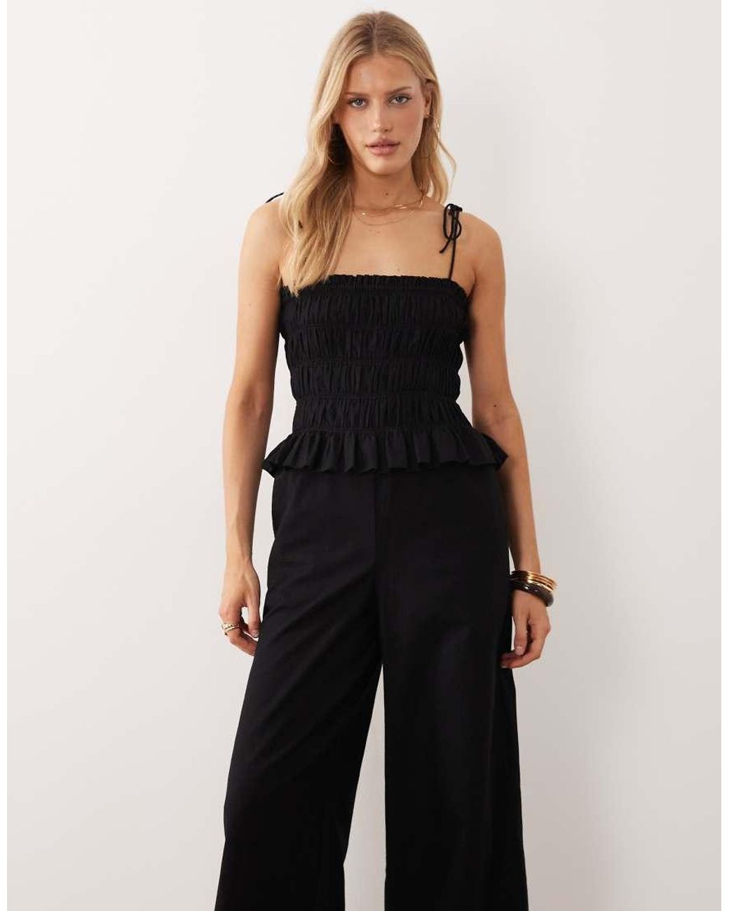 ASOS Black Shirred Peplum Jumpsuit