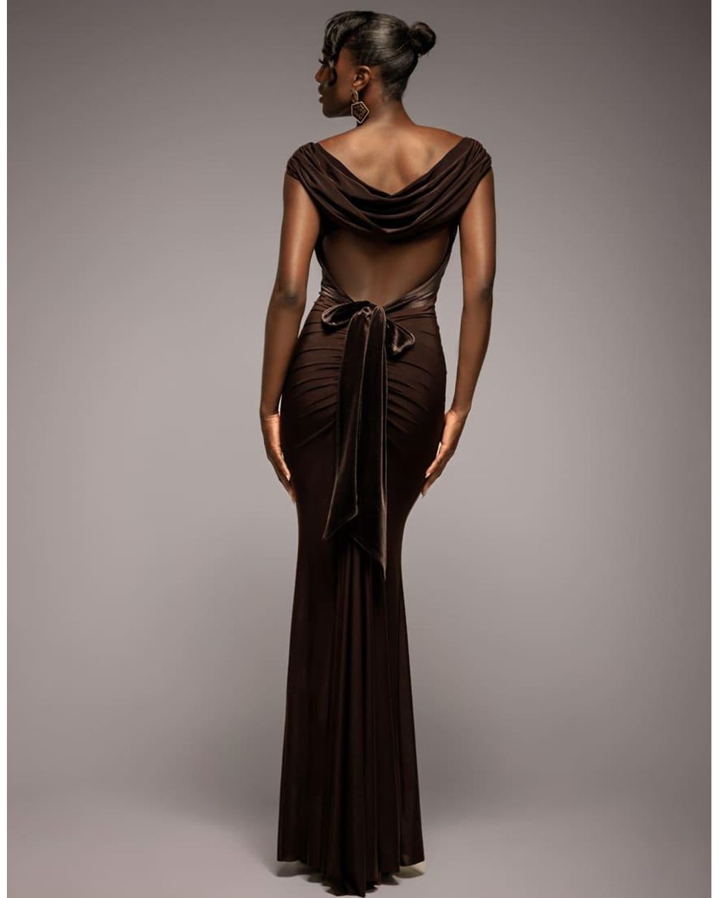Goddiva Brown Open Back Cowl Neck Gathered Maxi Dress With Velvet Tie Back