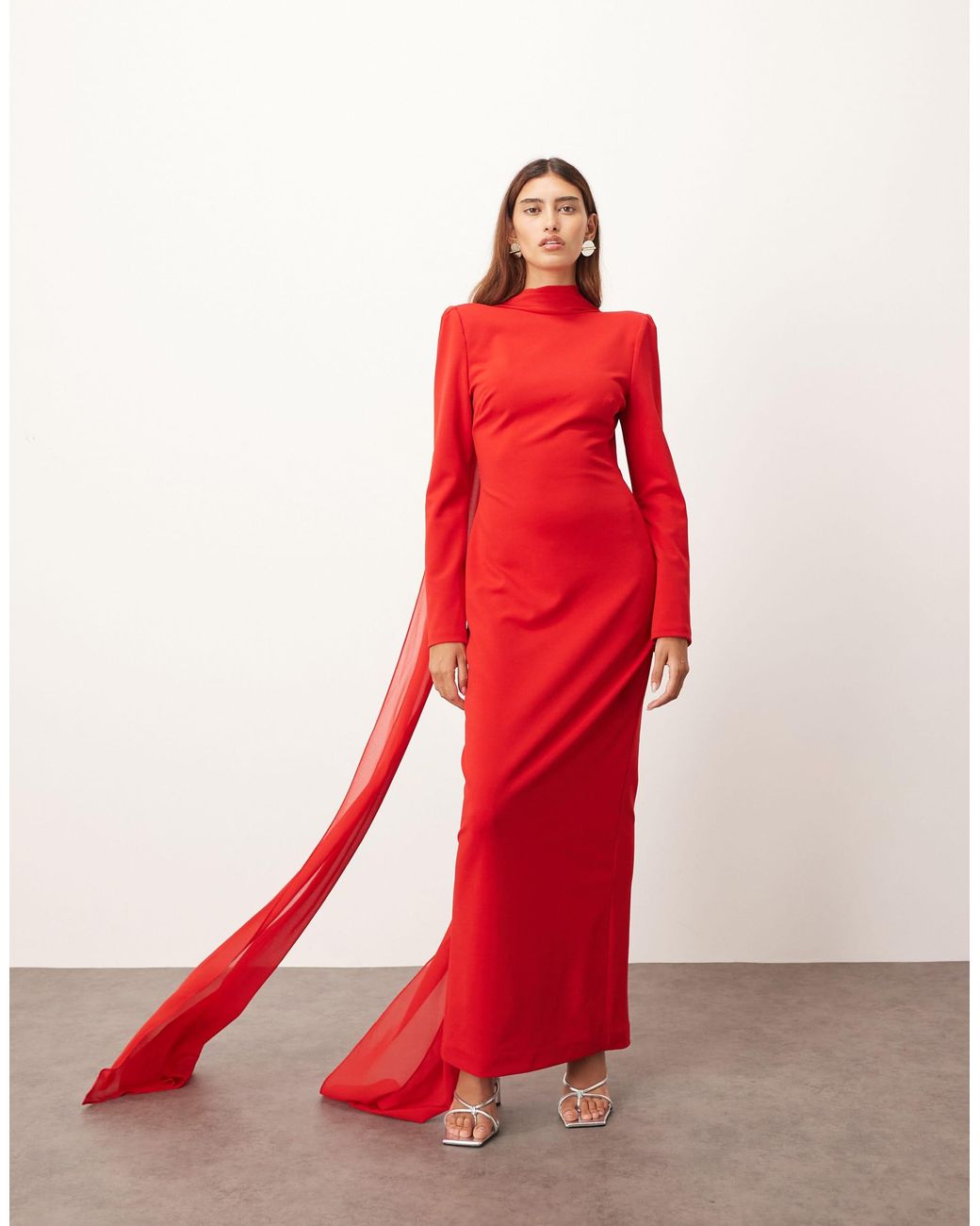 ARRANGE Structured Crepe Long Sleeve Maxi Dress With Chiffon Overlay | Lyst