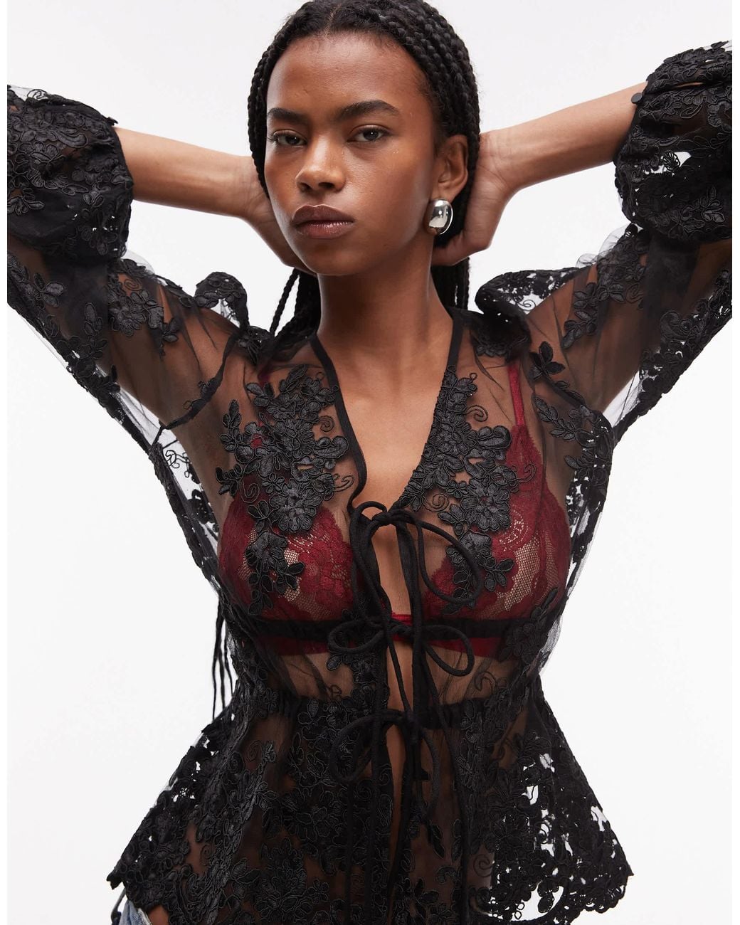 TOPSHOP Sheer Floral Lace Puff Sleeve Top in Black | Lyst