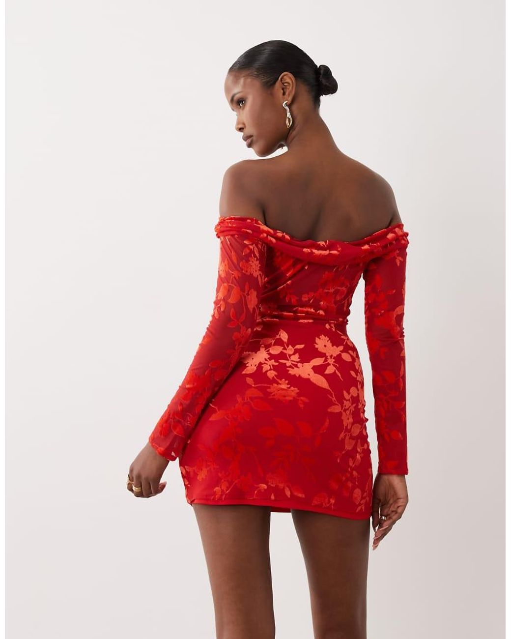 TFNC London Red Devoure Bardot Off Shoulder Long Sleeve Mini Dress