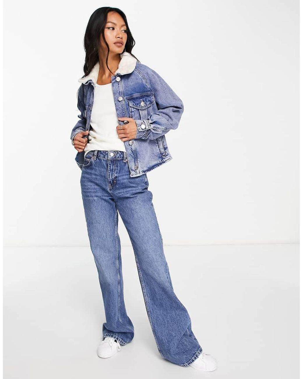 River Island Blue Borg Collar Denim Trucker Jacket