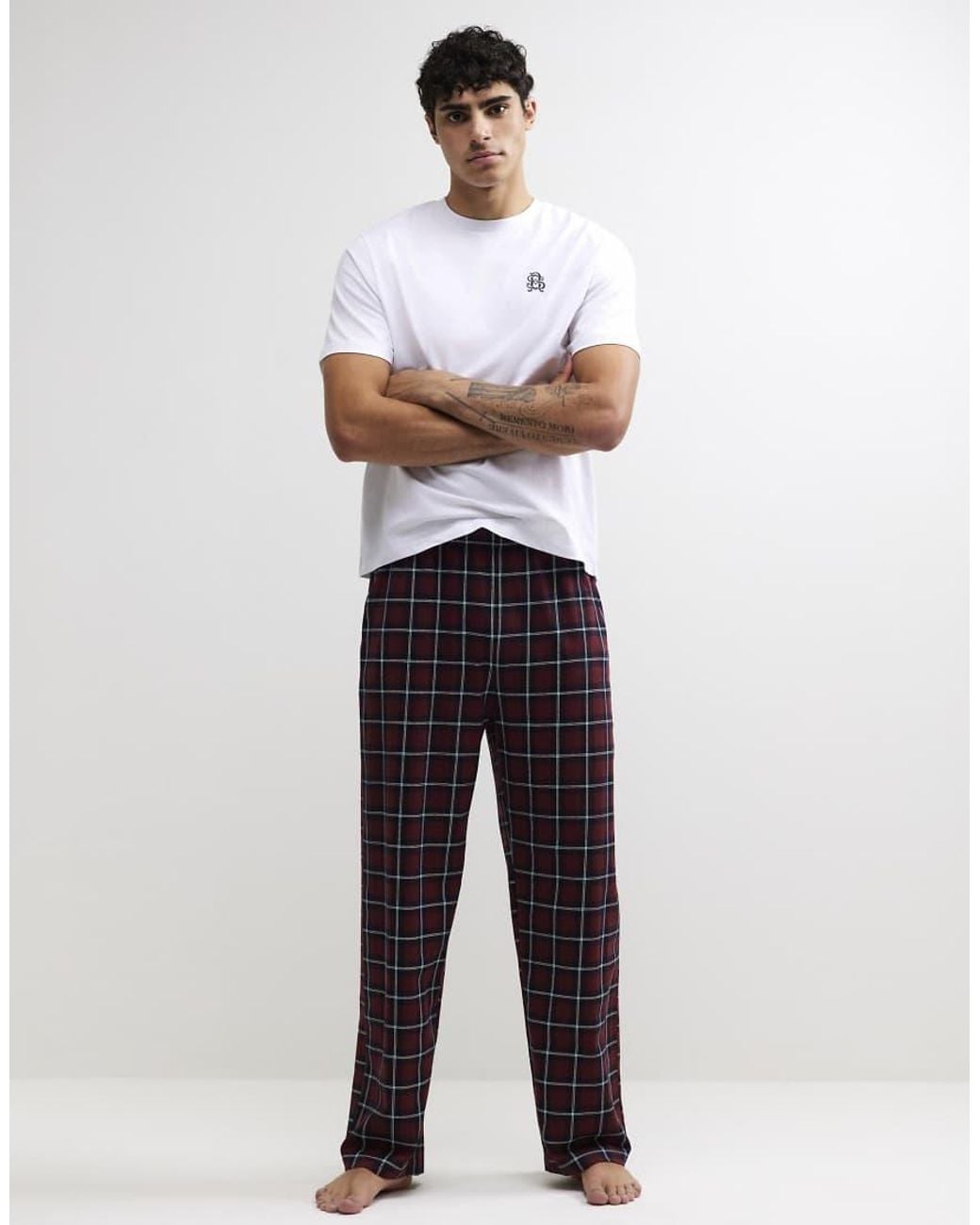 River Island White Cotton Check Trousers Loungewear Set for men